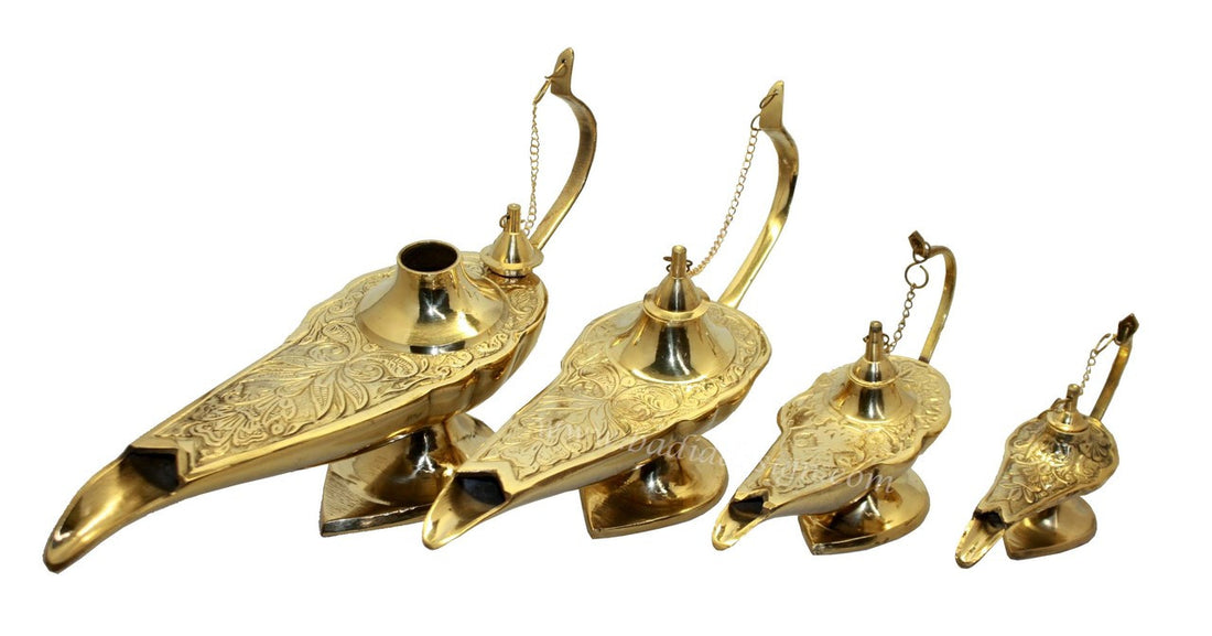 Moroccan Brass Aladdin Genie Lamp with Hand-Carved Detail