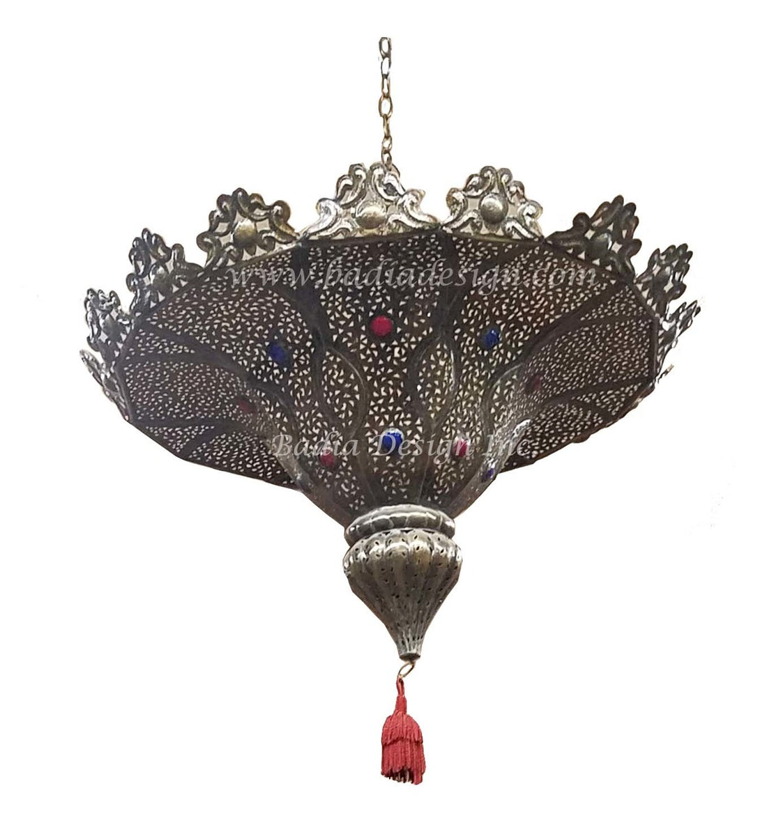 Moroccan Brass Chandelier with Multi-Color Glass Eyelets