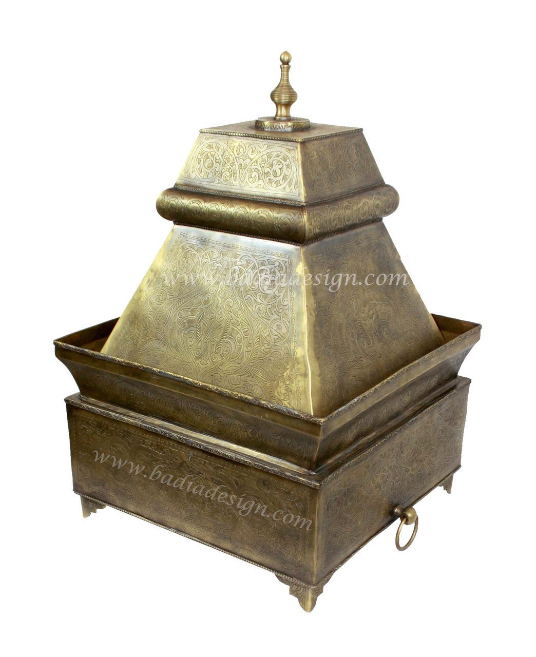 Decorative brass lantern with intricate patterns on a white background