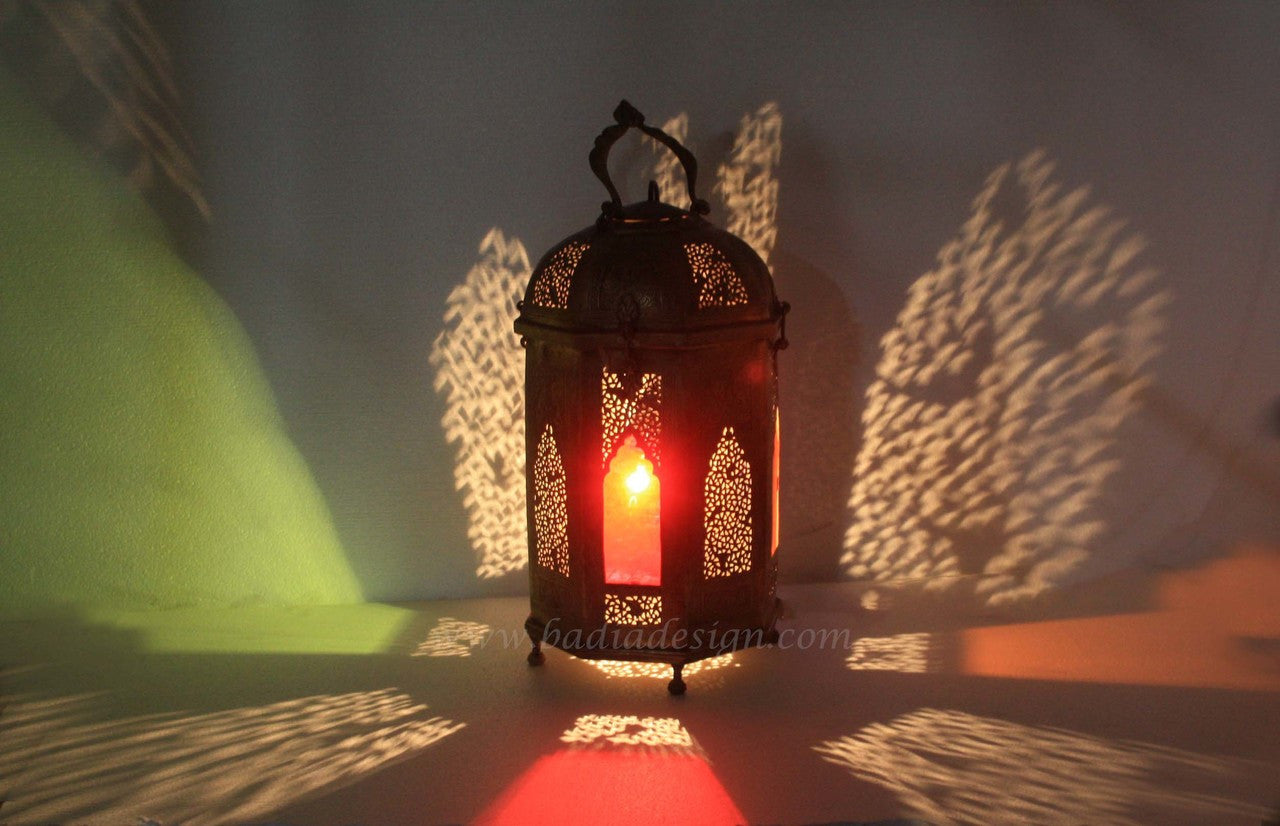 Large Brass Floor Lantern with Multi Color Glass