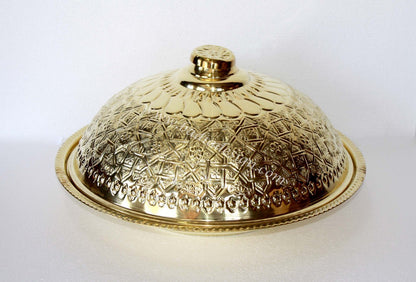 Moroccan Embossed Brass Plated Platter with Lid