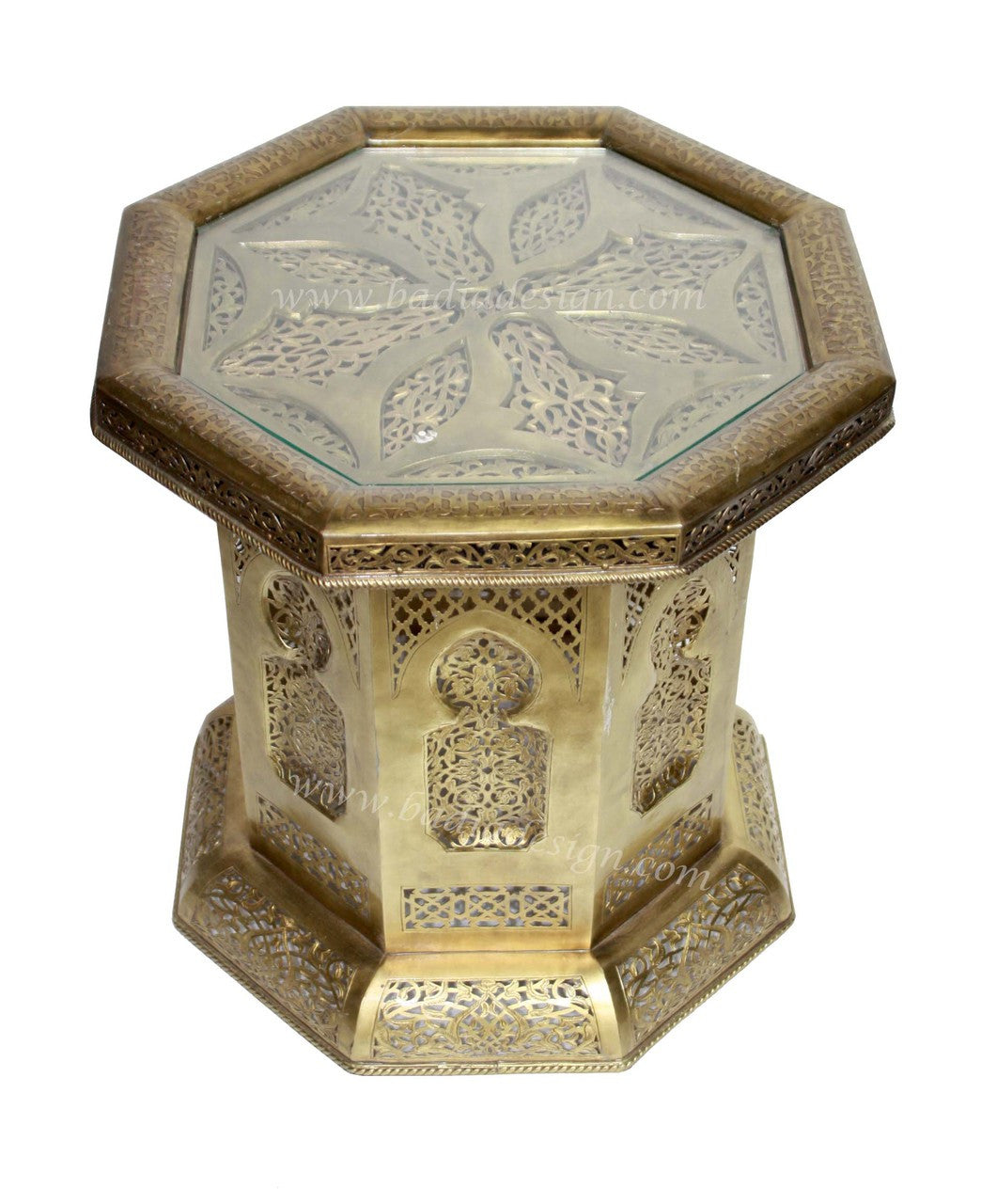 Embossed Solid Brass Table with Glass Top