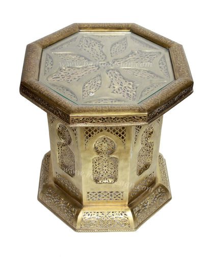 Embossed Solid Brass Table with Glass Top