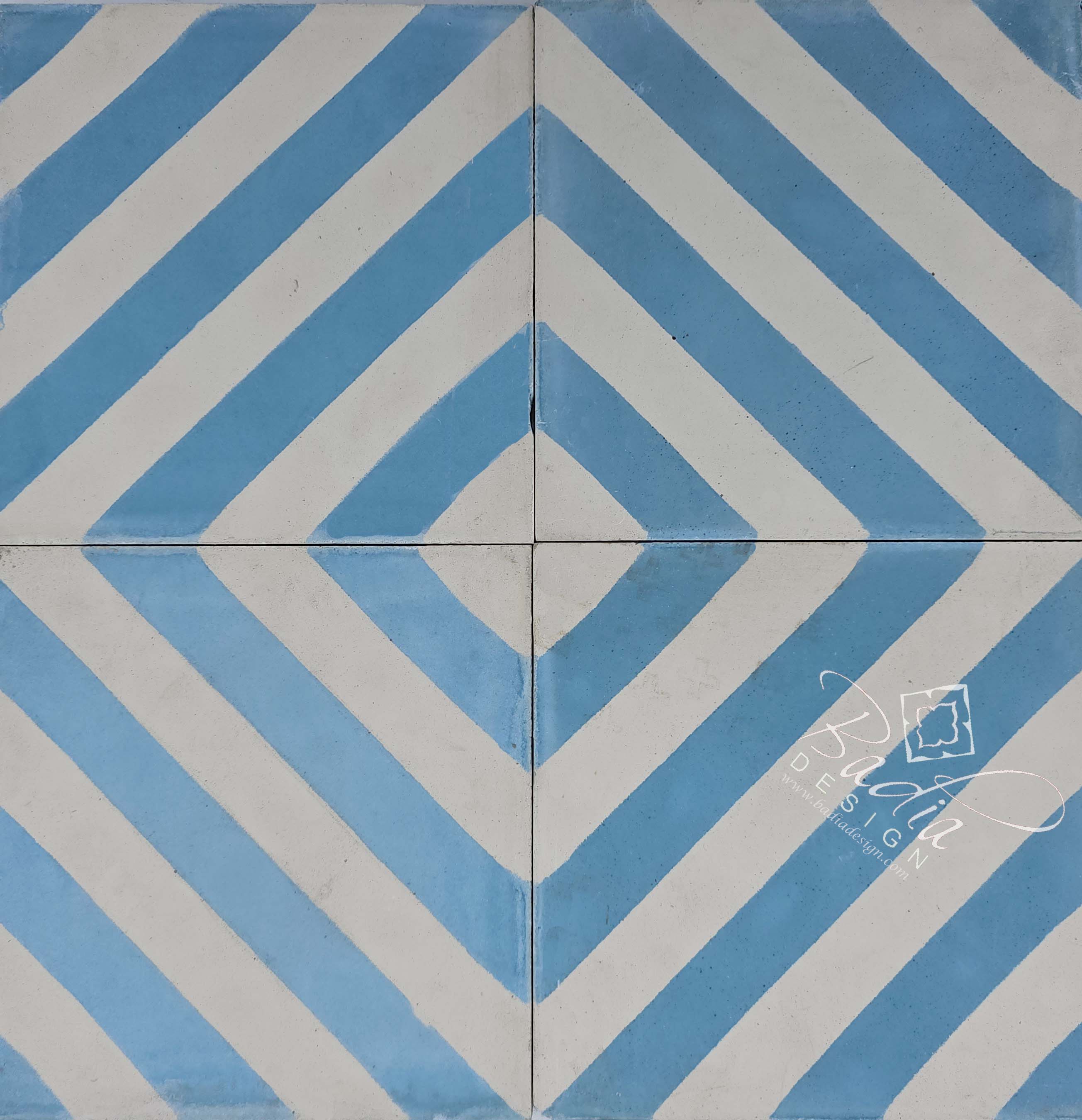 Moroccan Blue and White Striped Cement Floor Tile - CT125