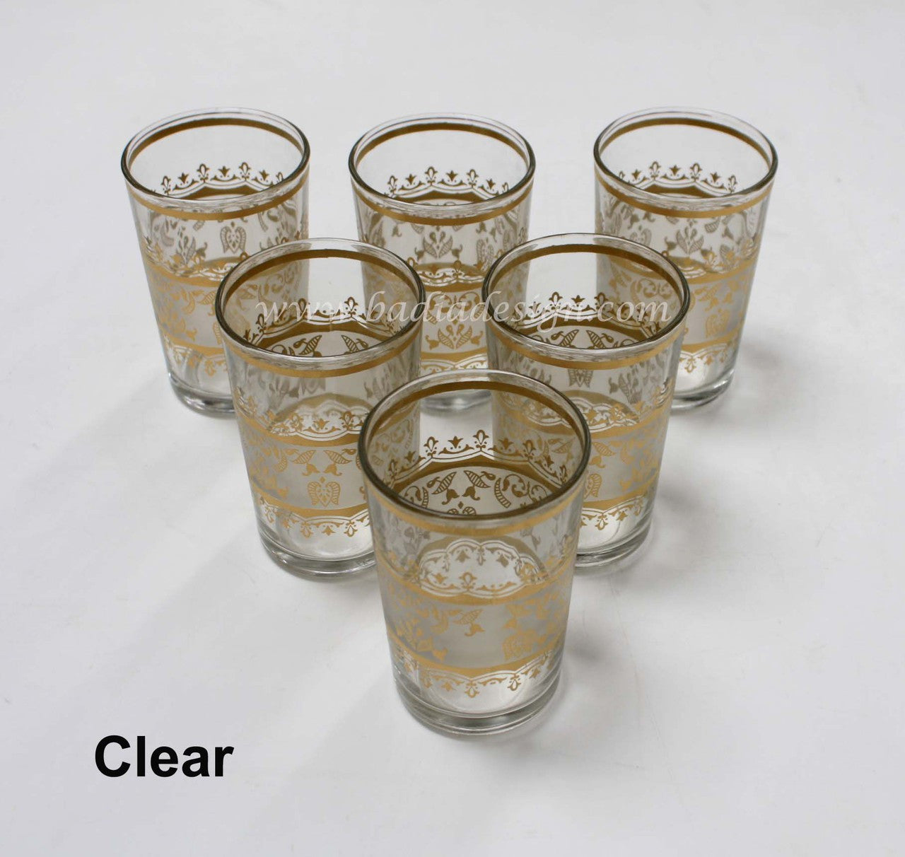 Set of Six Moroccan Clear and Frosted Tea Glasses with Gold Motif