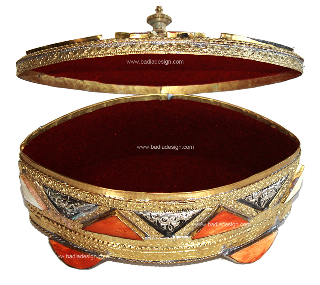 Oval-Shaped Moroccan Metal Jewelry Box with Bone Inlay with open lid and red interior
