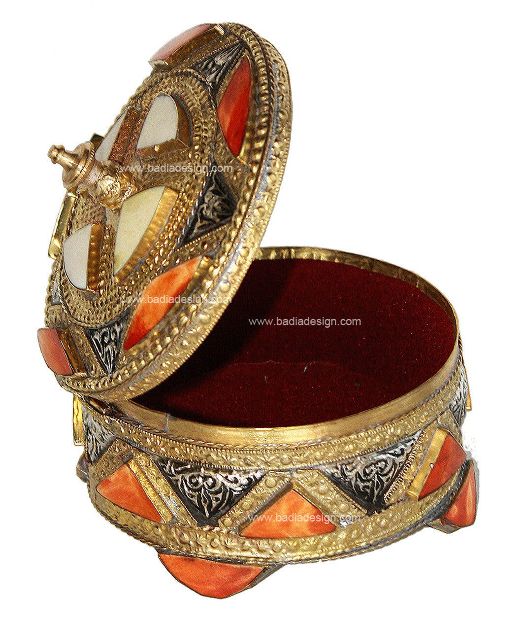 Small Round Moroccan Metal Jewelry Box with Bone Inlay