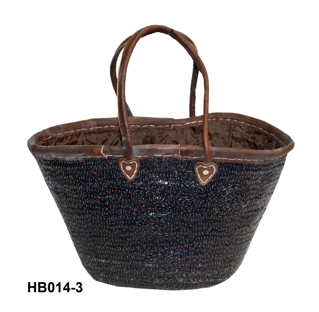 Woven basket with brown handles on a white background
