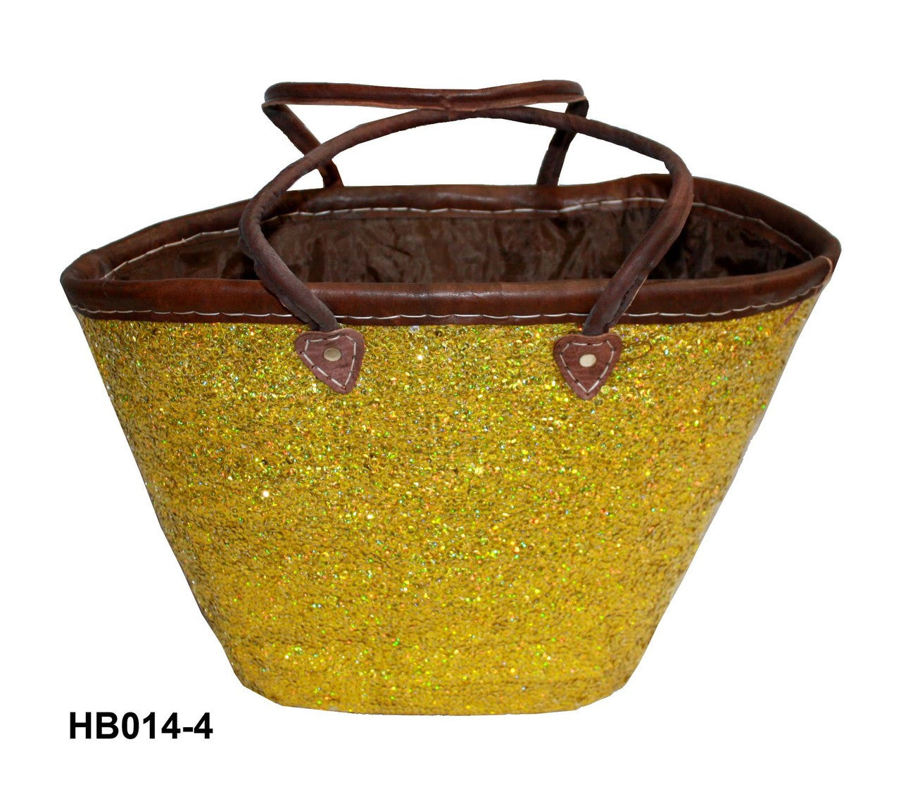 Gold glittery bag with brown handles on a white background