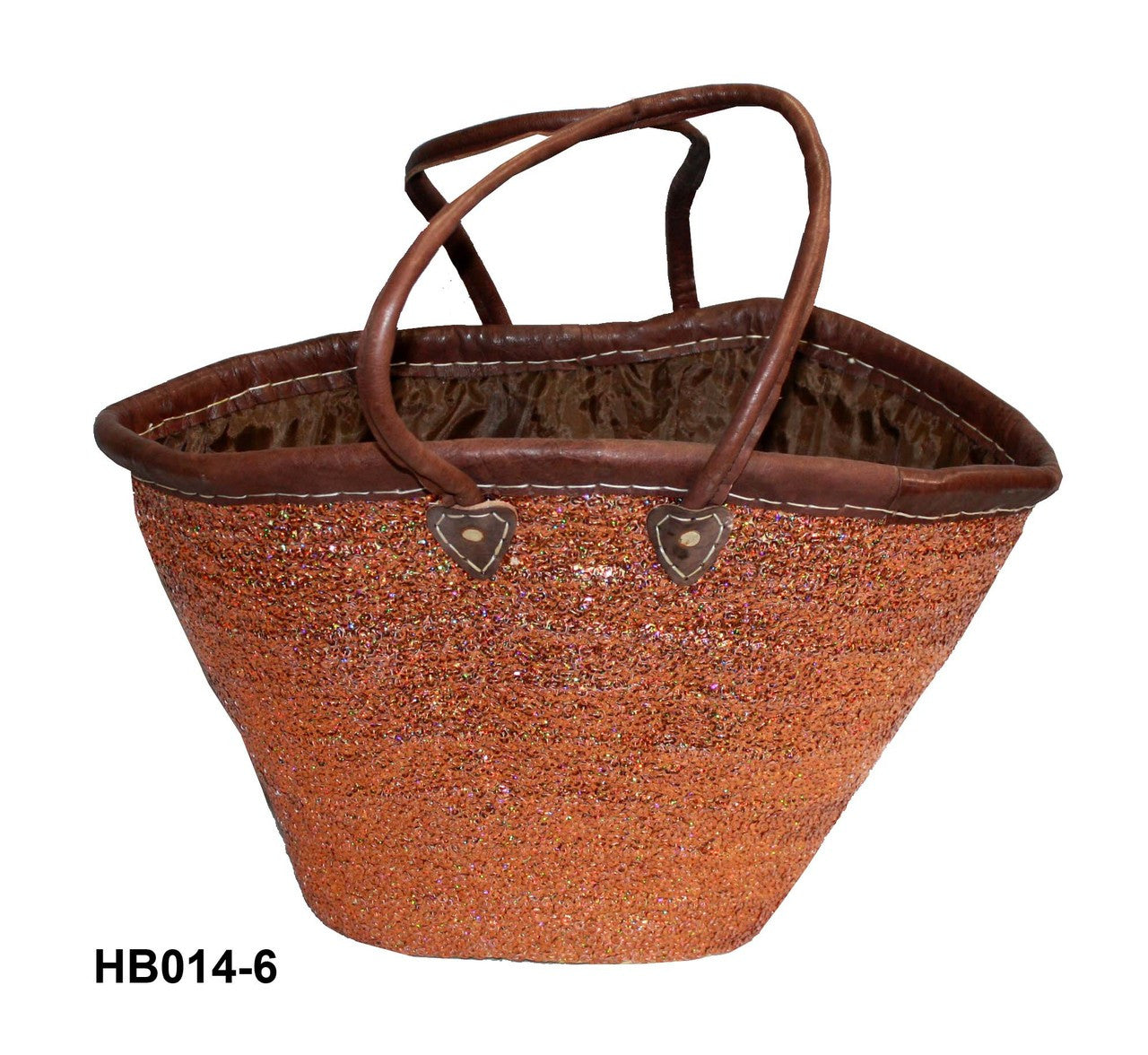 Brown woven basket with handles on a white background