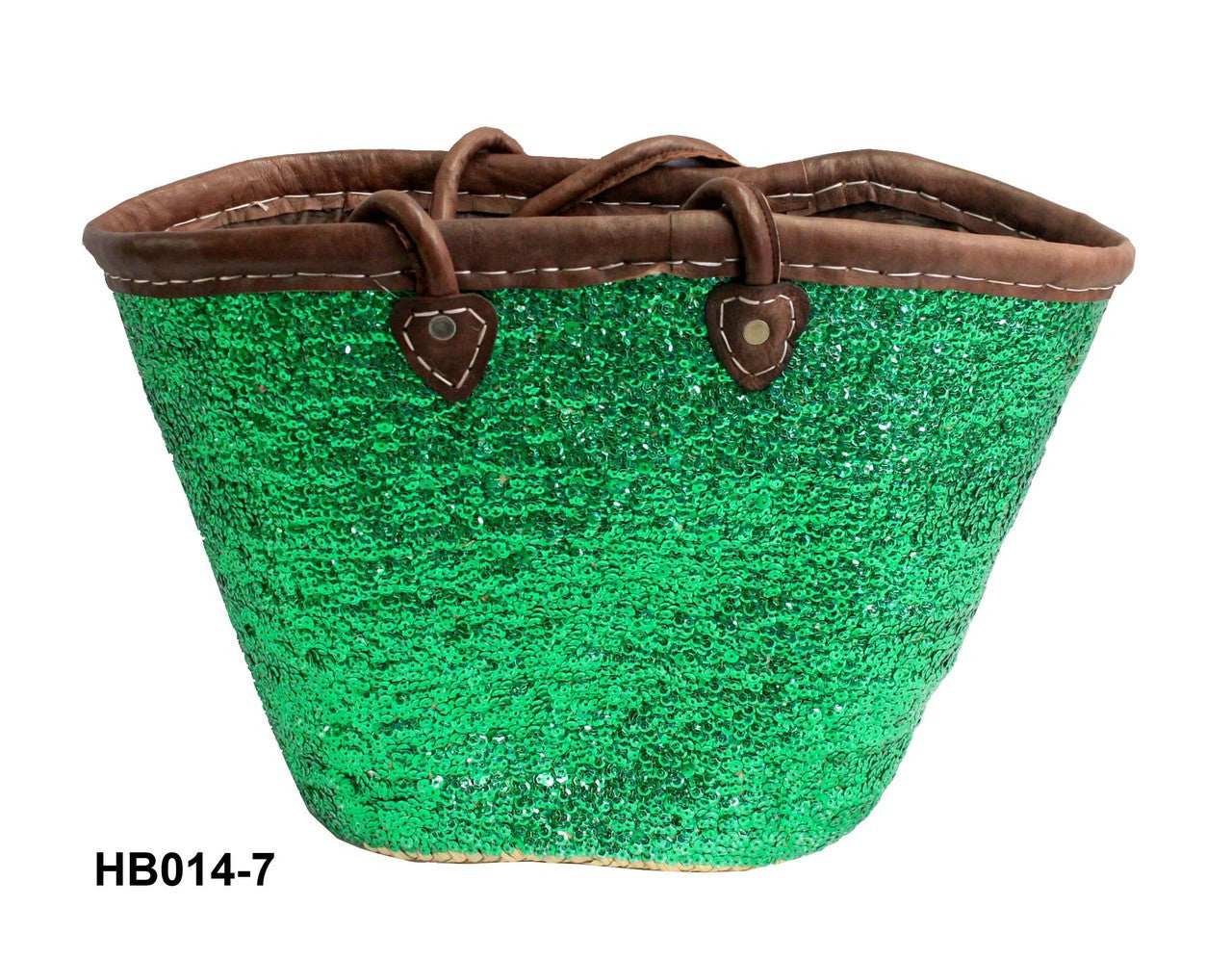 Green glittery basket with brown handle on a white background