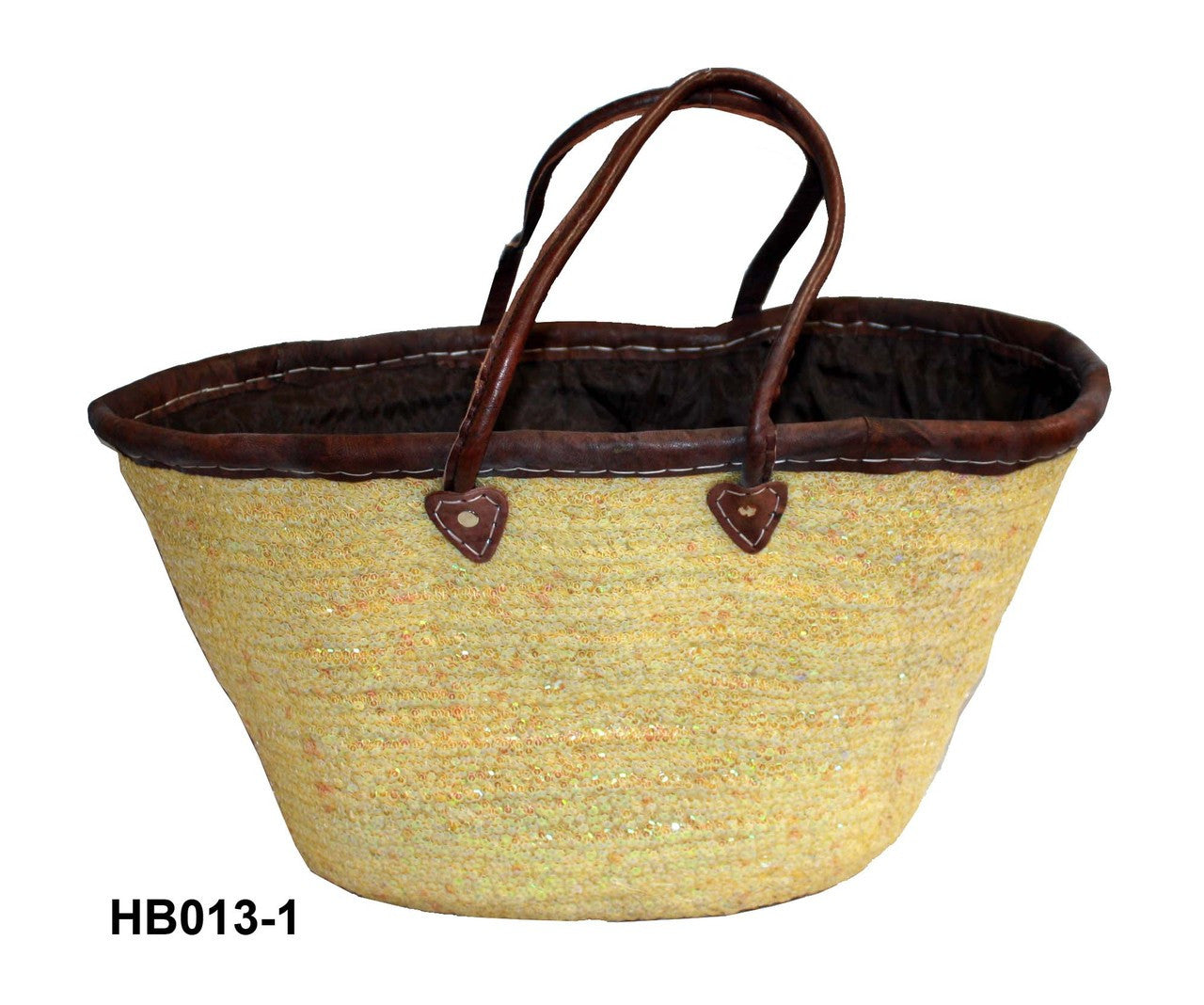 Yellow woven basket with brown handle on a white background