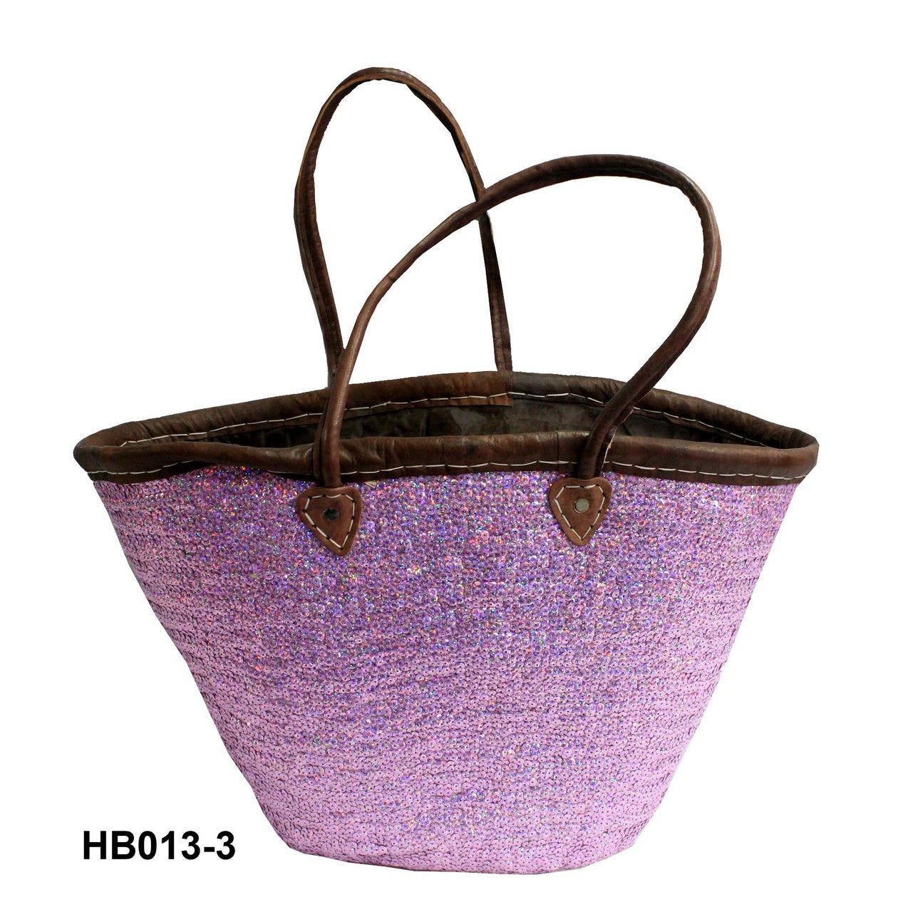 Purple woven basket with brown handles on a white background