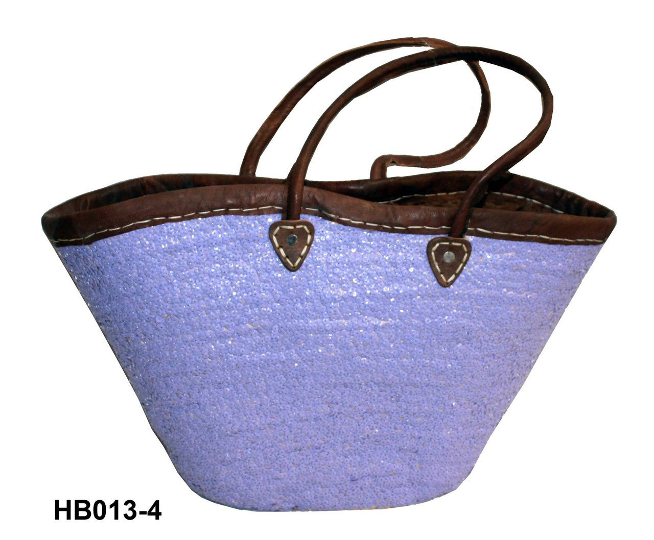Blue woven bag with brown handles on a white background