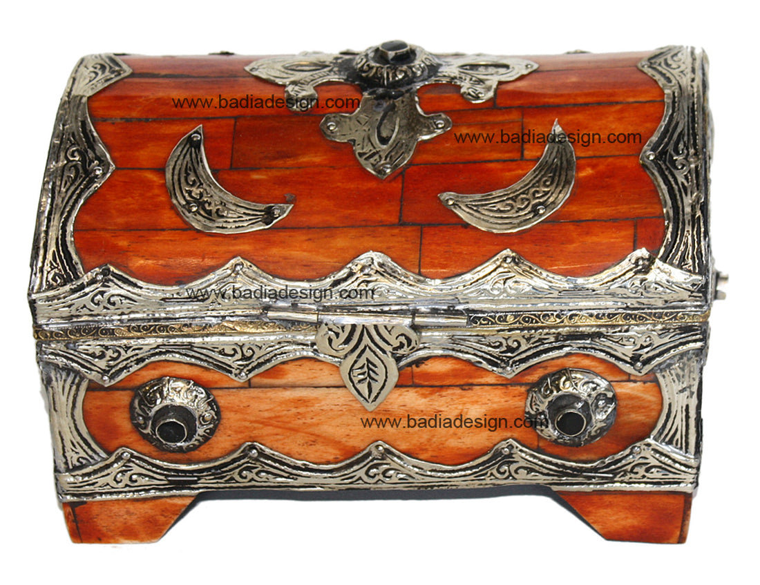 Moroccan Embossed Metal Jewelry Box with Bone Inlay