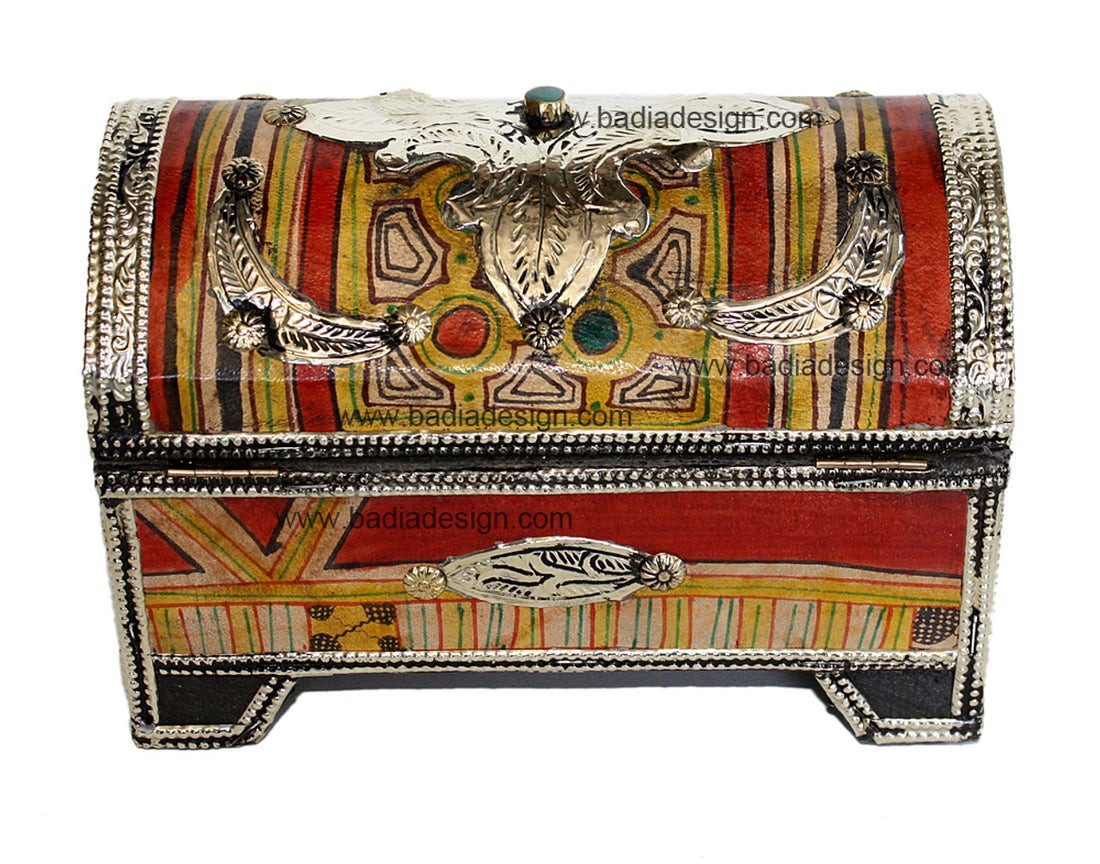 Moroccan Hand-Painted Metal Jewelry Box with Bone Inlay