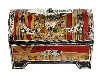 Moroccan Hand-Painted Metal Jewelry Box with Bone Inlay