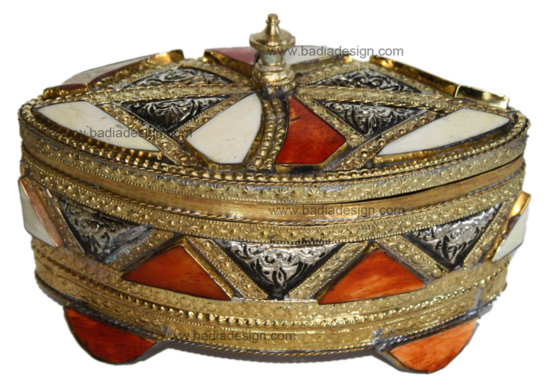 Oval-Shaped Moroccan Metal Jewelry Box with Bone Inlay