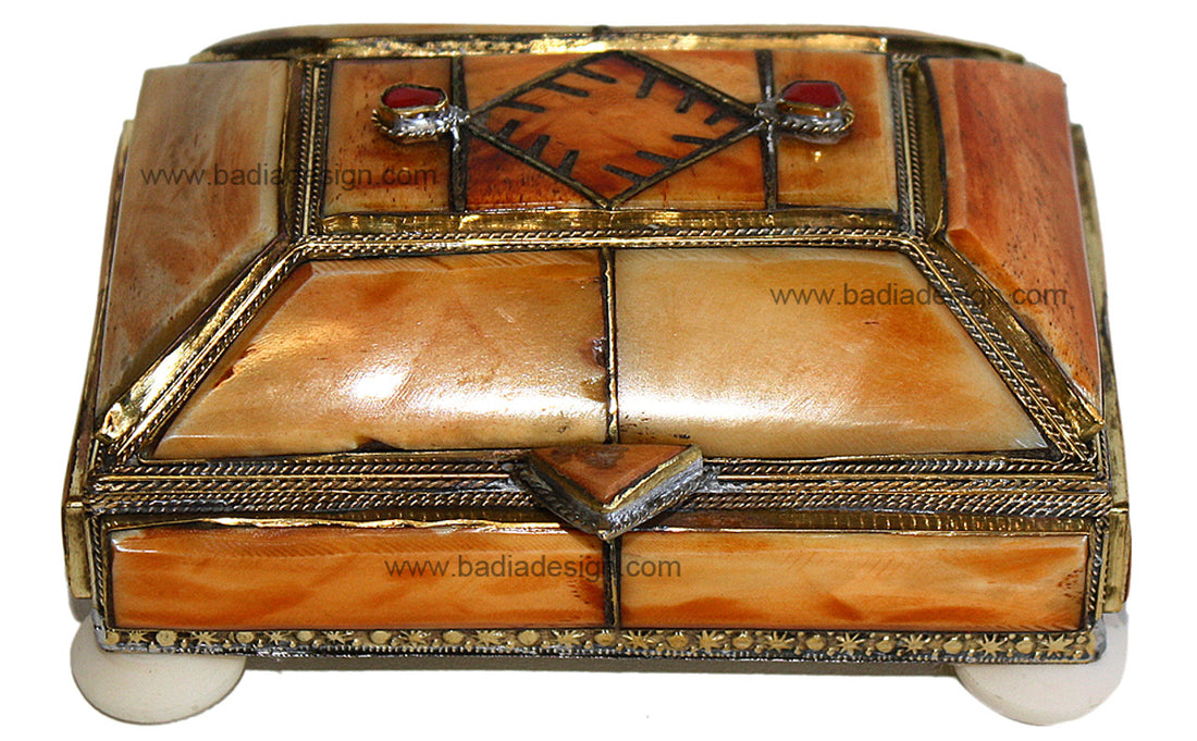 Moroccan Rectangular Metal Jewelry Box with Bone Inlay