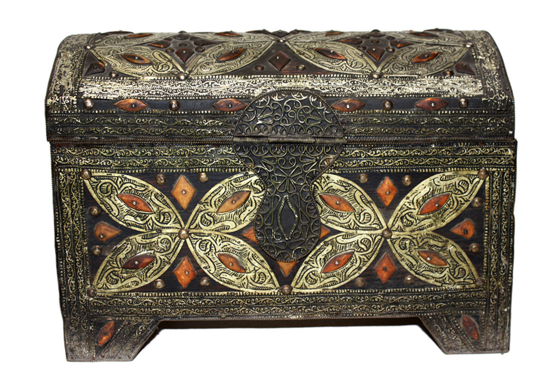 Vintage Moroccan Embossed Metal Box with Bone Inlay