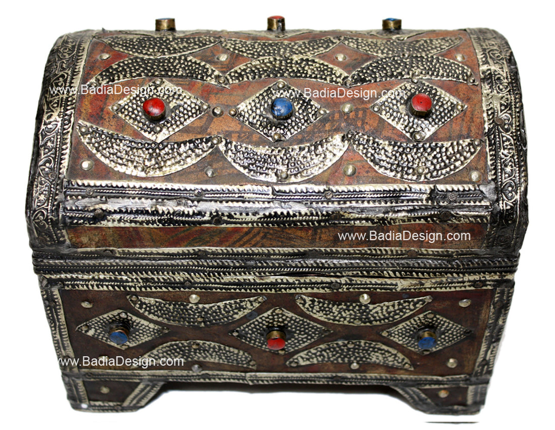 Vintage Moroccan Metal Jewelry Box with Bone Inlay