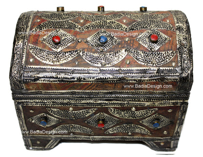 Vintage Moroccan Metal Jewelry Box with Bone Inlay