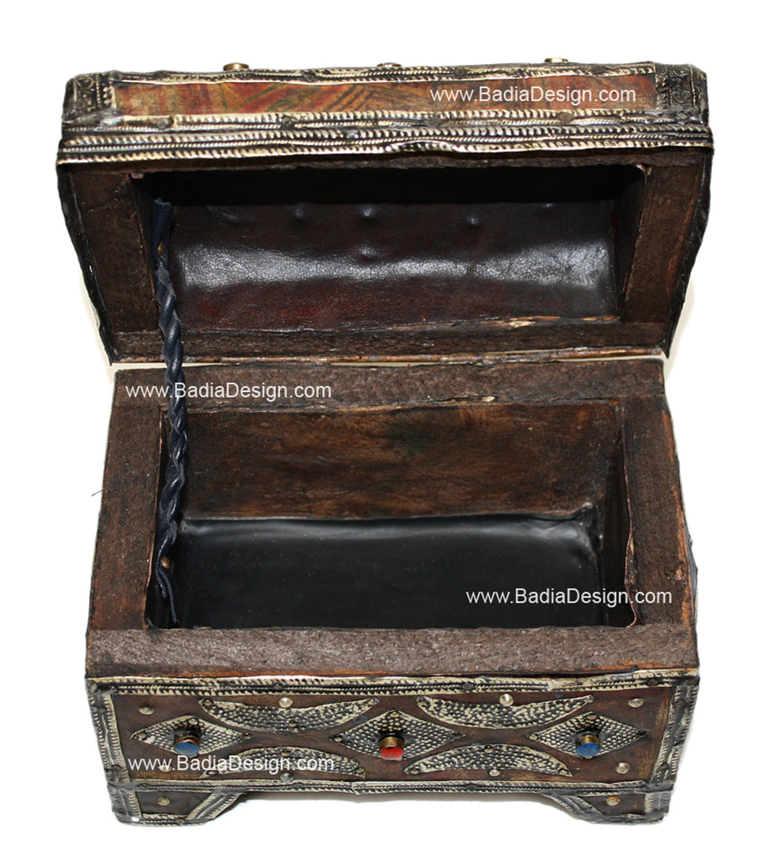 Vintage Moroccan Metal Jewelry Box with Bone Inlay with open lid