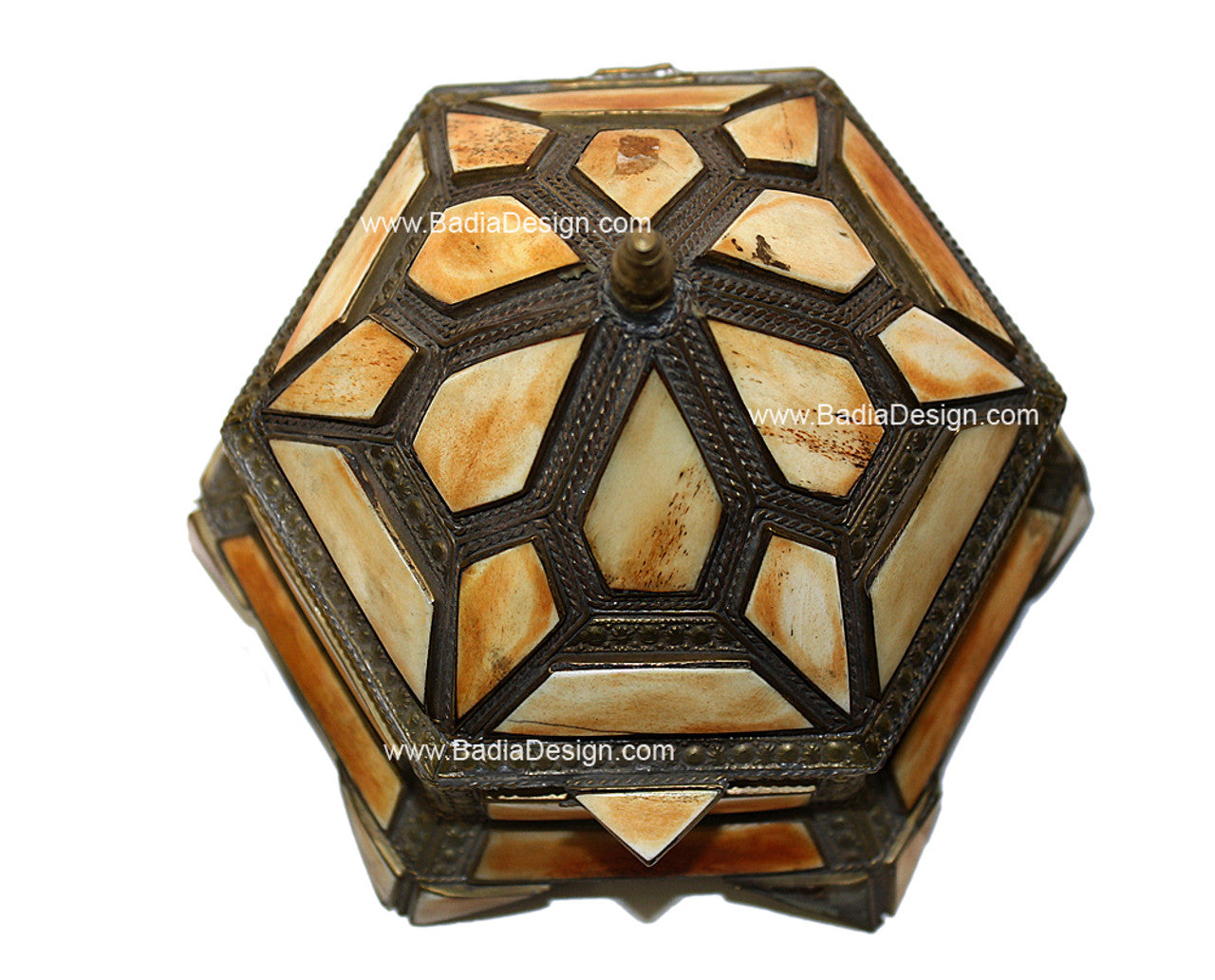 Hexagon-Shaped Moroccan Metal Jewelry Box with Bone Inlay