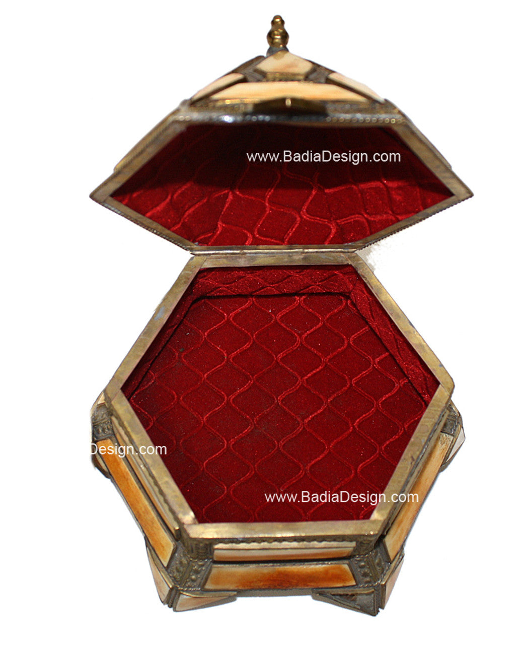 Hexagon-Shaped Moroccan Metal Jewelry Box with Bone Inlay with open lid