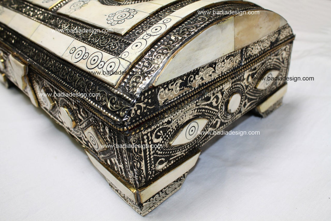 Embossed Metal Jewelry Box with White Bone Inlay