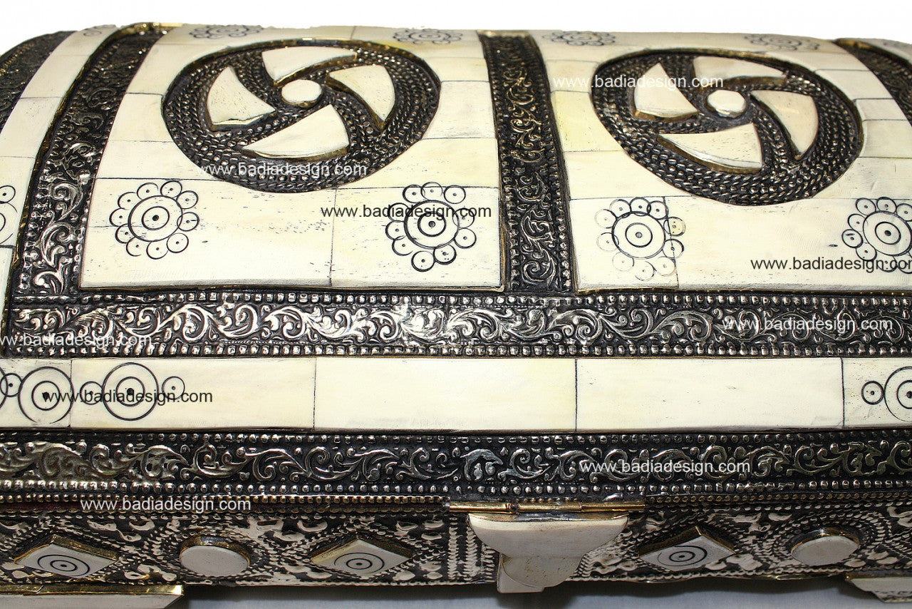 Embossed Metal Jewelry Box with White Bone Inlay