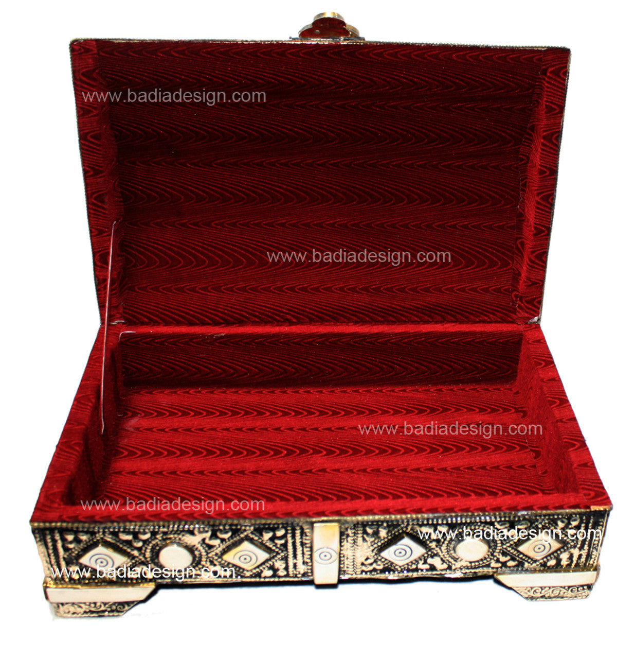 Moroccan Embossed Metal Jewelry Box with White Bone Inlay with open lid