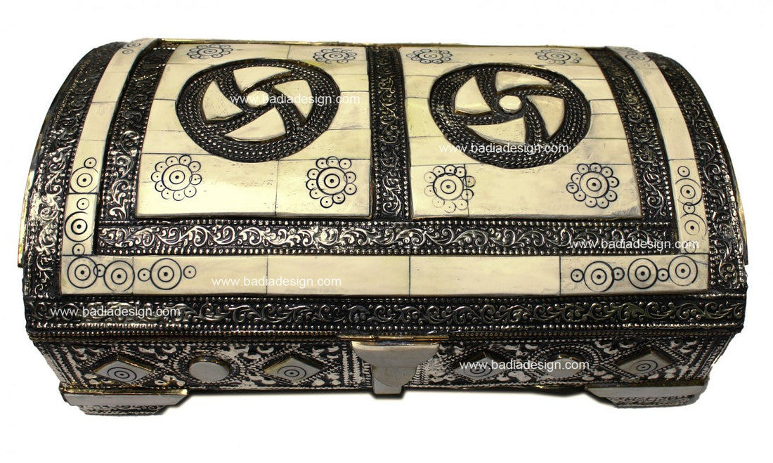 Moroccan Embossed Metal Jewelry Box with White Bone Inlay