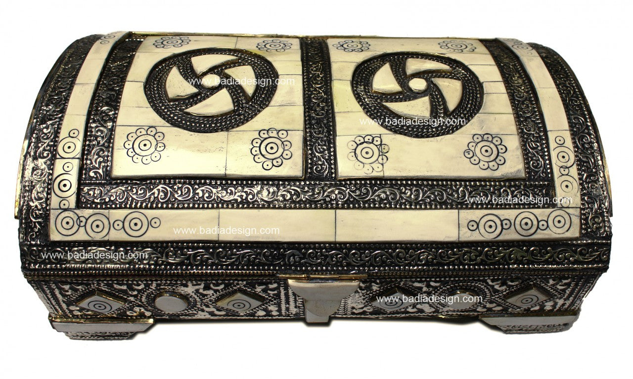 Moroccan Embossed Metal Jewelry Box with White Bone Inlay