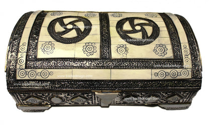 Moroccan Embossed Metal Jewelry Box with White Bone Inlay