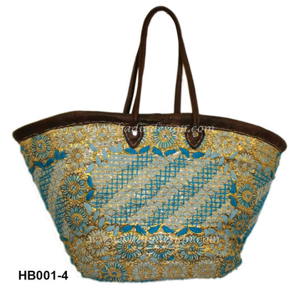 Colorful Moroccan Raffia Handbag of blue and beige color