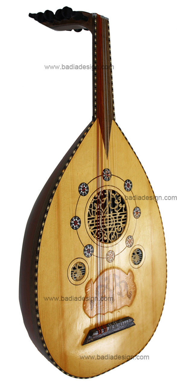 Wooden lute with decorative elements on a white background