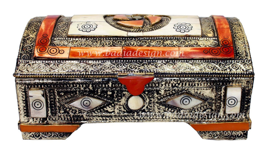 Moroccan Embossed Metal Jewelry Box with Bone Inlay