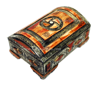 Decorative wooden box with intricate carvings on a white background