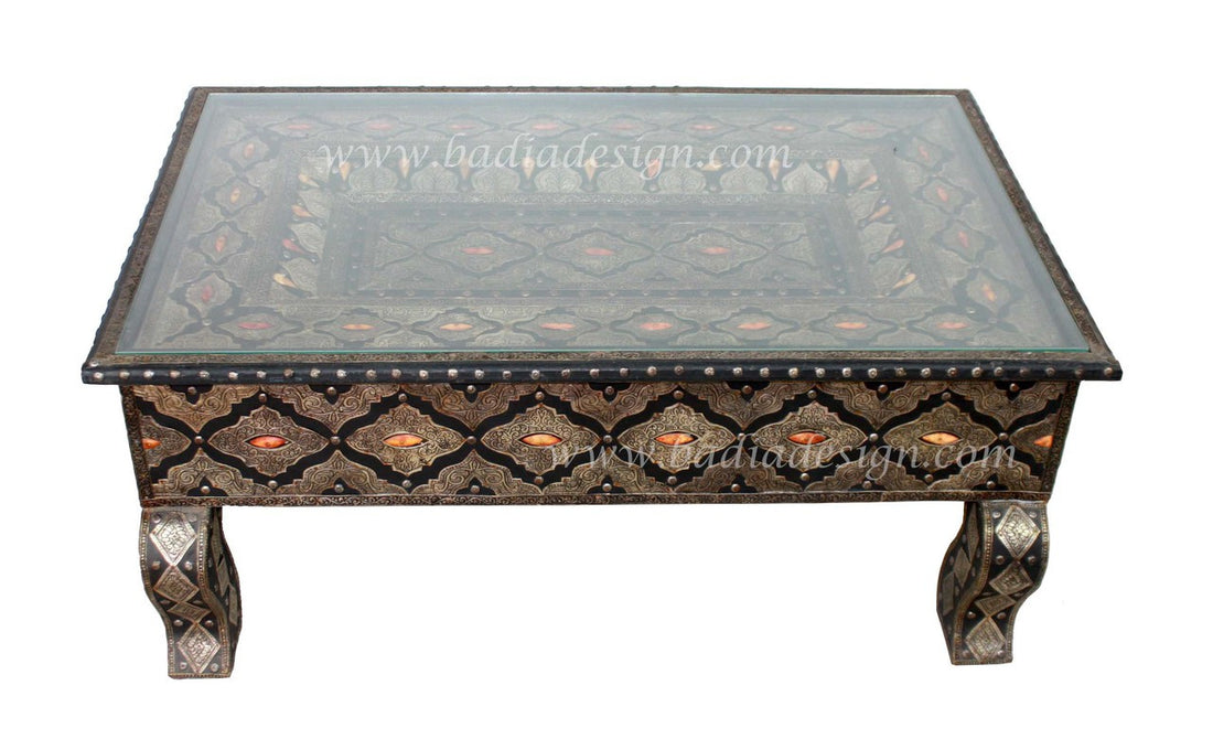 Embossed Metal and Bone Table with Glass Top