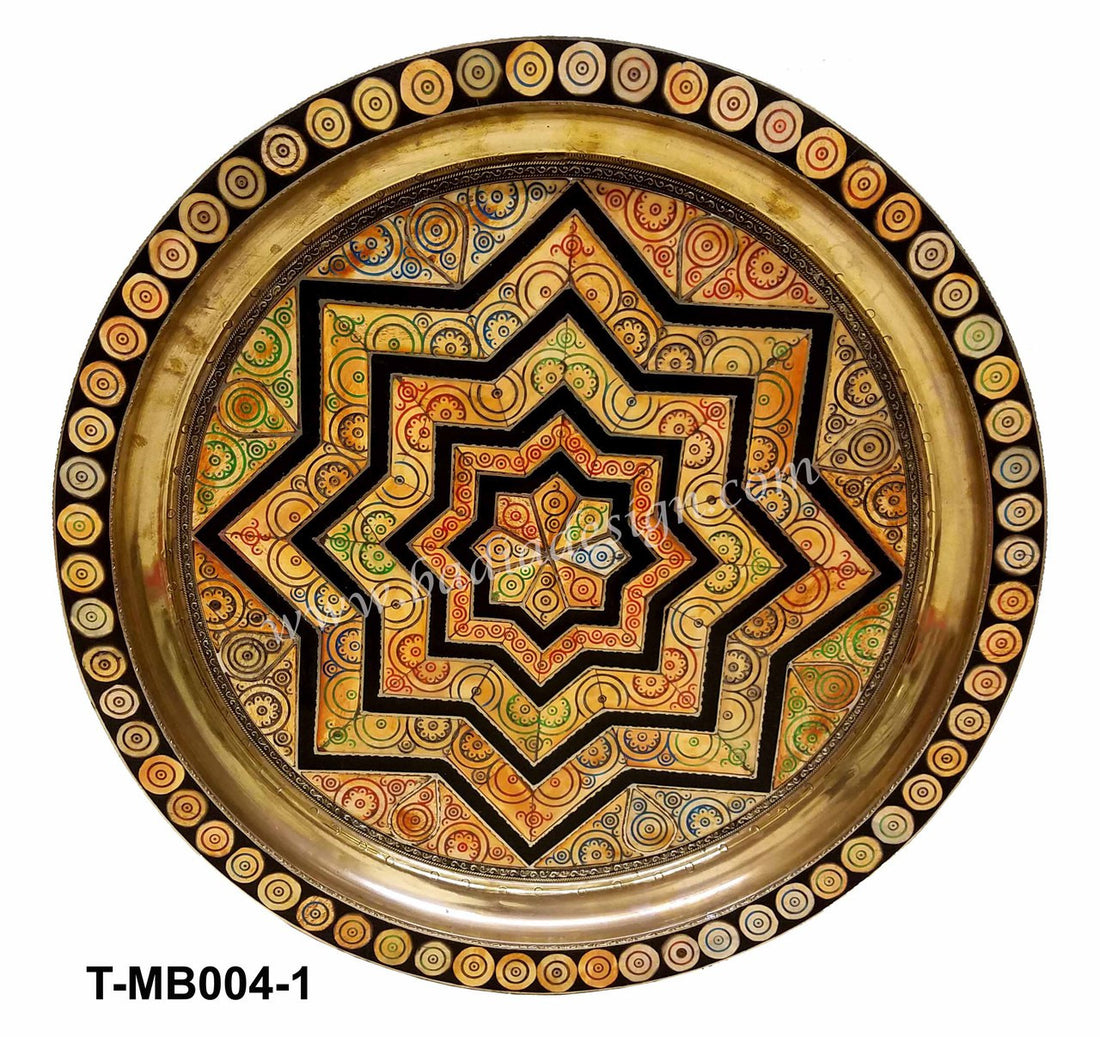 Moroccan Round Embossed Brass and Orange Bone Inlay Tray