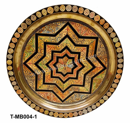 Moroccan Round Embossed Brass and Orange Bone Inlay Tray