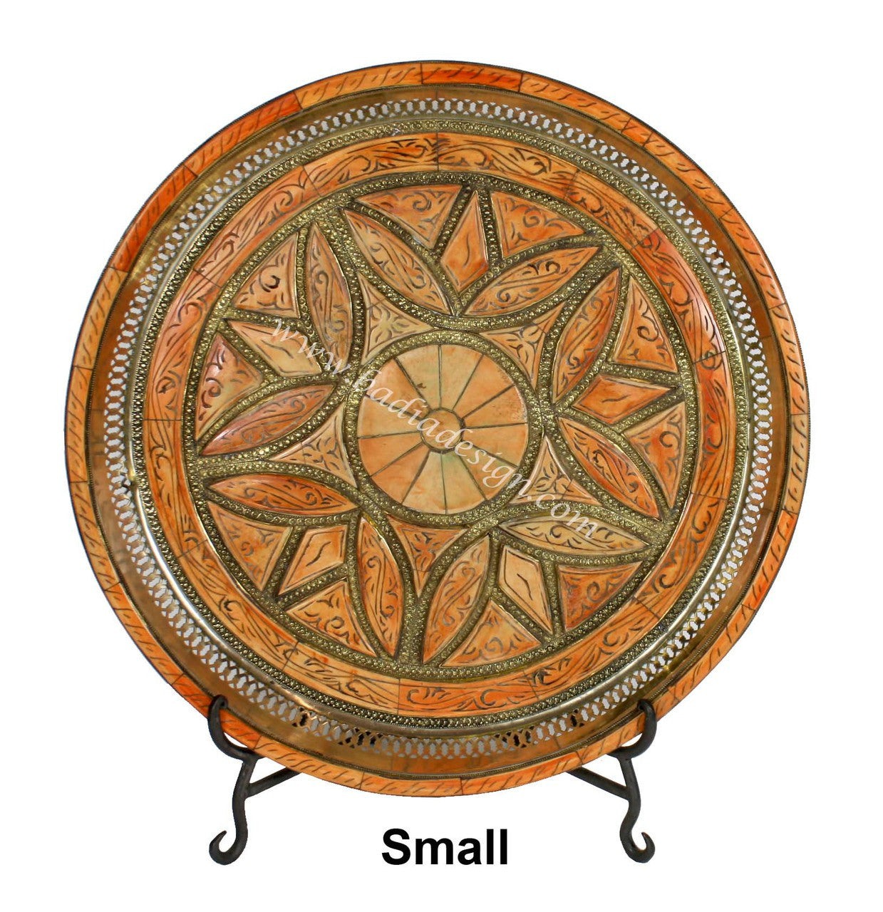 Round Moroccan Embossed Metal Tray with Orange Bone Inlay