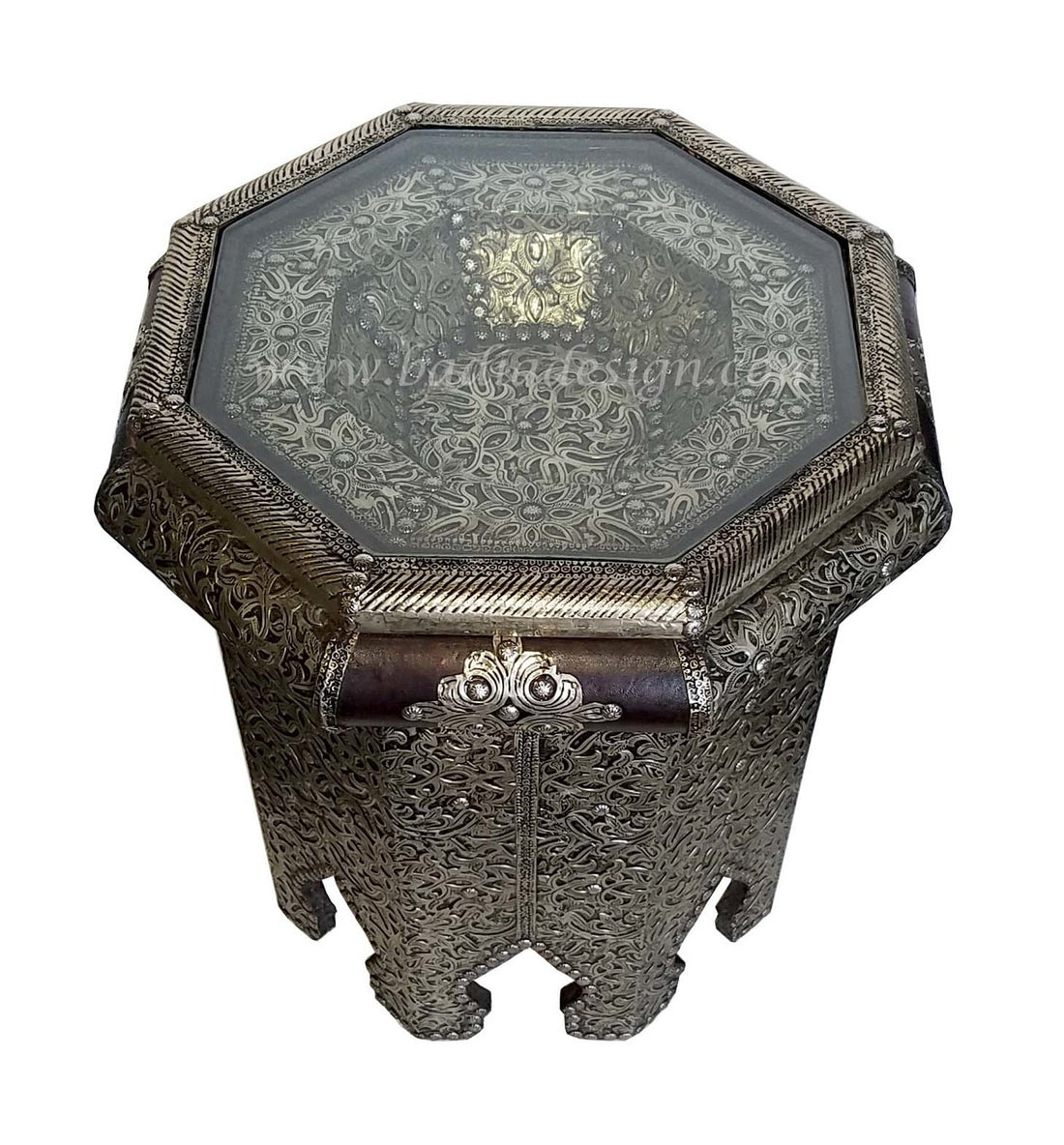 Octogonal Embossed Metal and Leather Side Table