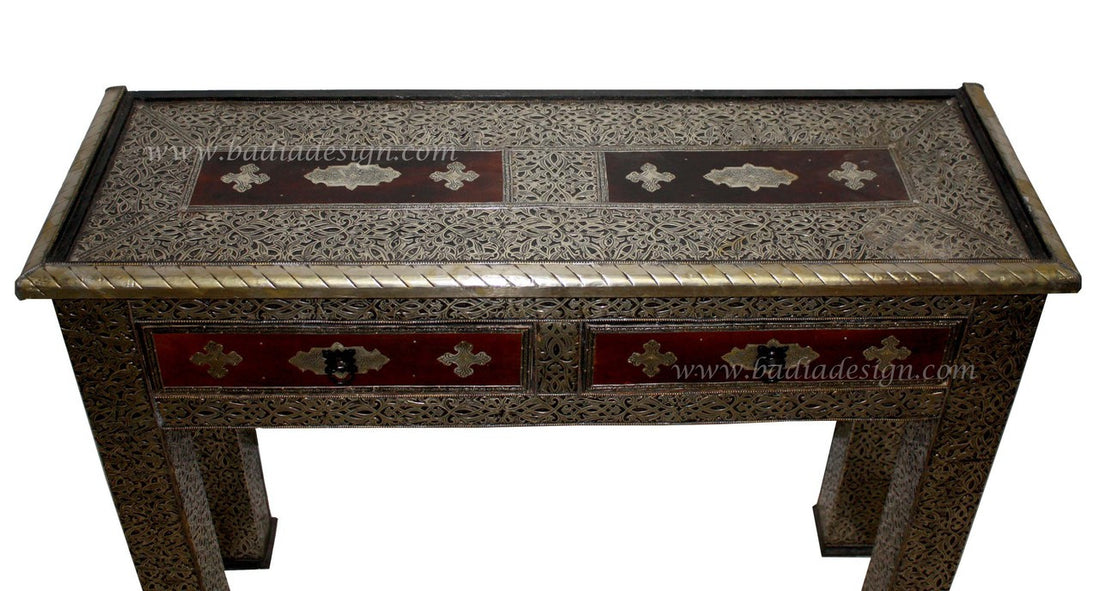 Premium Leather Nickel Embossed Cabinet with Glass Top