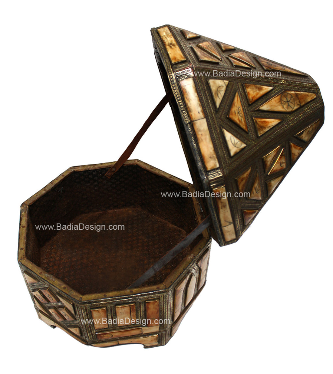 Decorative wooden box with geometric patterns on a white background