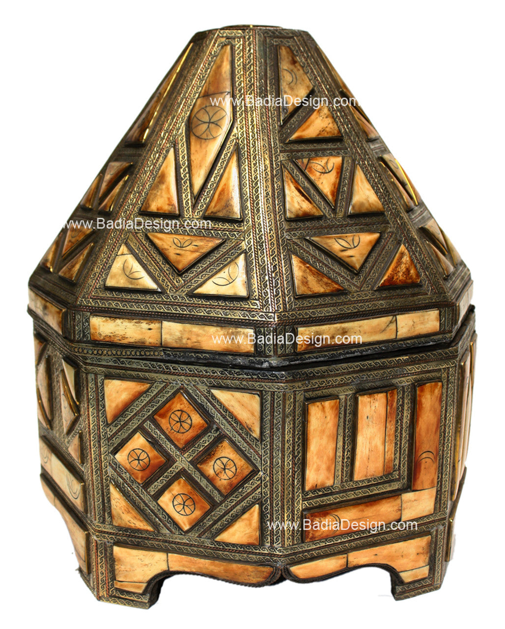 Moroccan Large Embossed Metal and Orange Bone Inlay Container