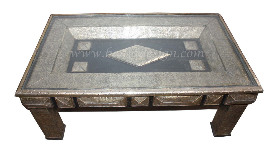Carved Metal Coffee Table with Glass Top