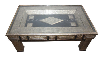 Carved Metal Coffee Table with Glass Top