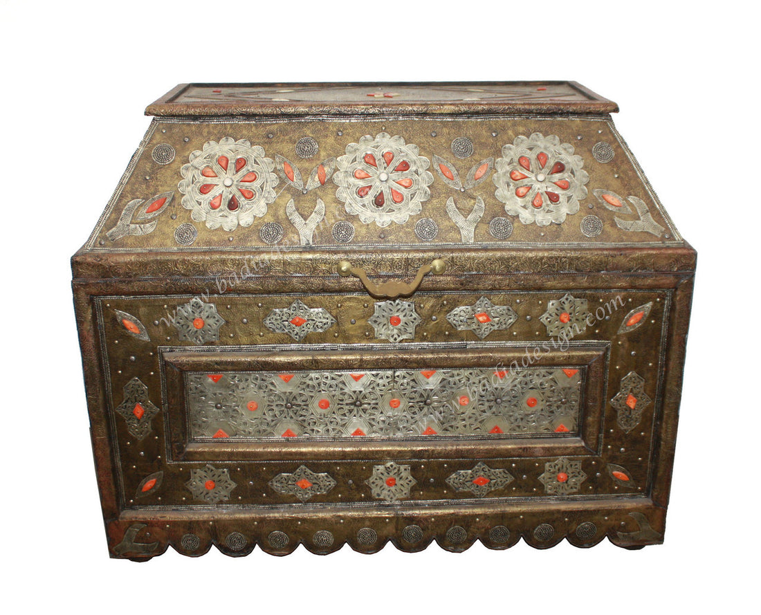Vintage Embossed Metal Orange Bone Inlay Trunk